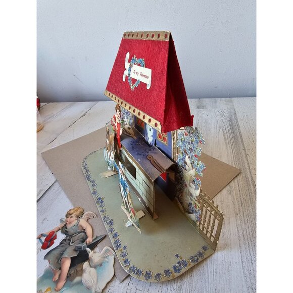 Antique Valentine 3D die cut card dog girl boy Germany cardboard‎ cutout - Picture 7 of 11